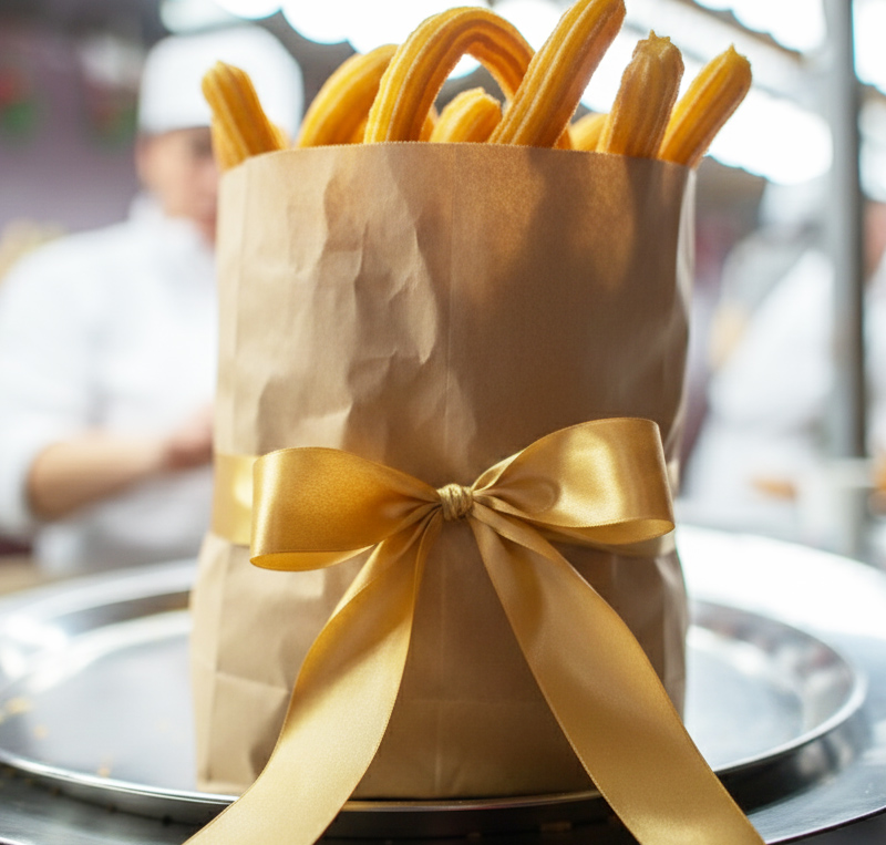 Pack regalo de churros artesanos presentado en bolsa decorada